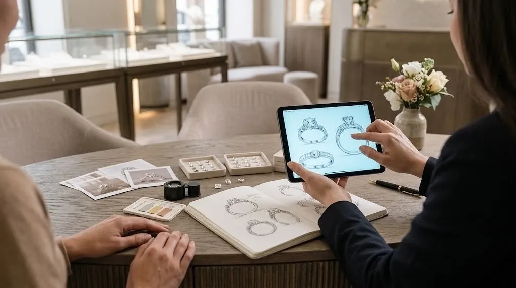 A designer sketching ring ideas on a tablet with a client, loose diamonds and drawings on the table