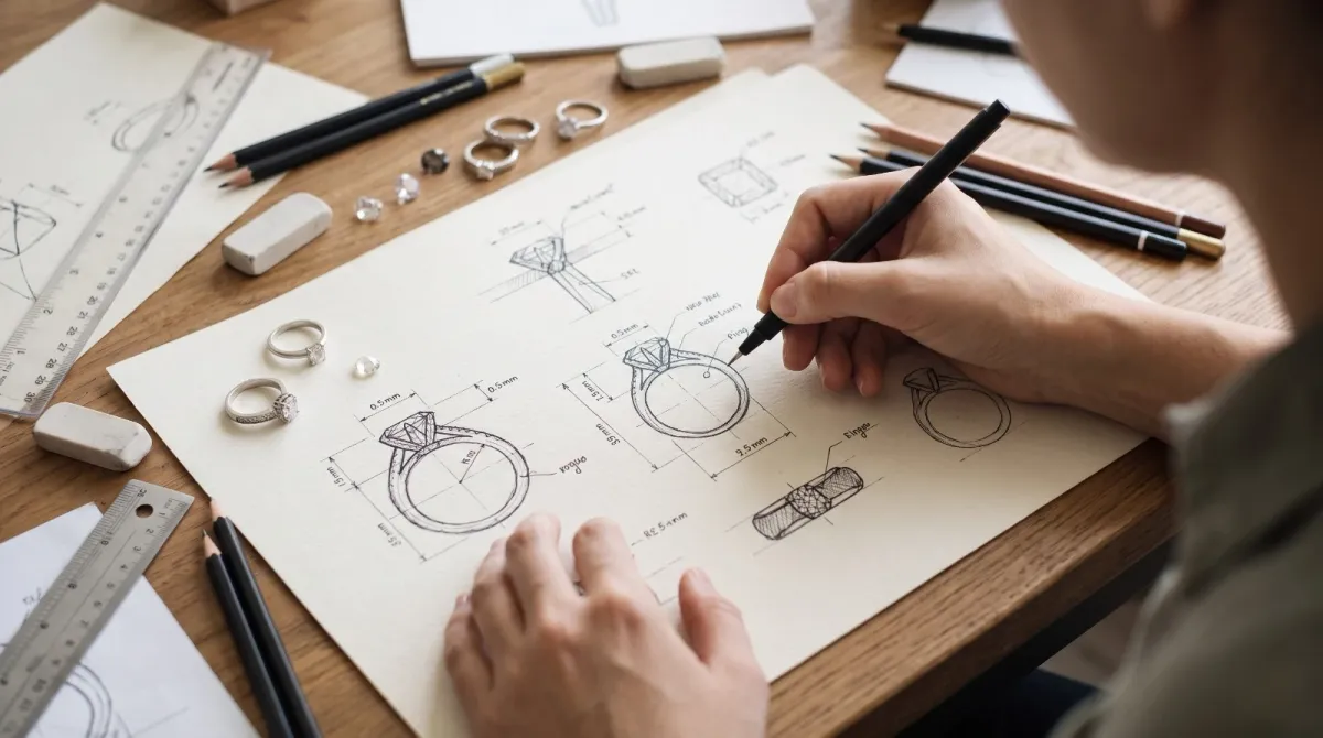A designer drawing ring sketches with measurements at a desk