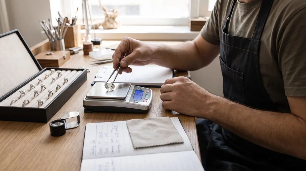 A diamond being weighed on a precision scale beside a tray of rings