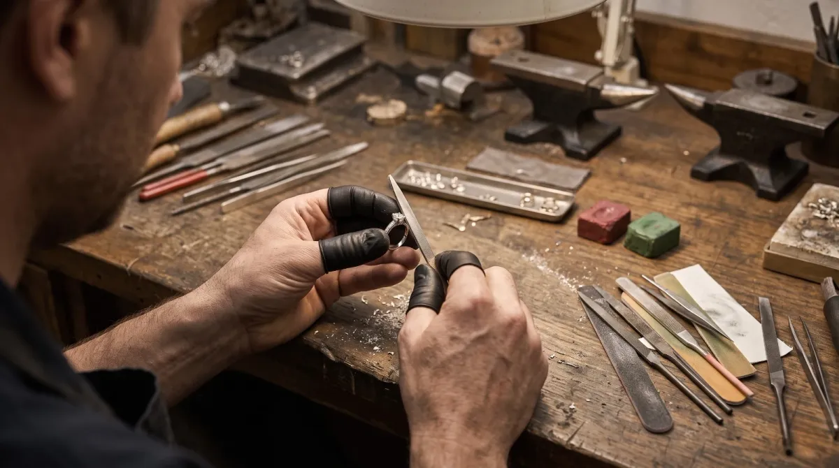 A craftsman filing and finishing a ring by hand