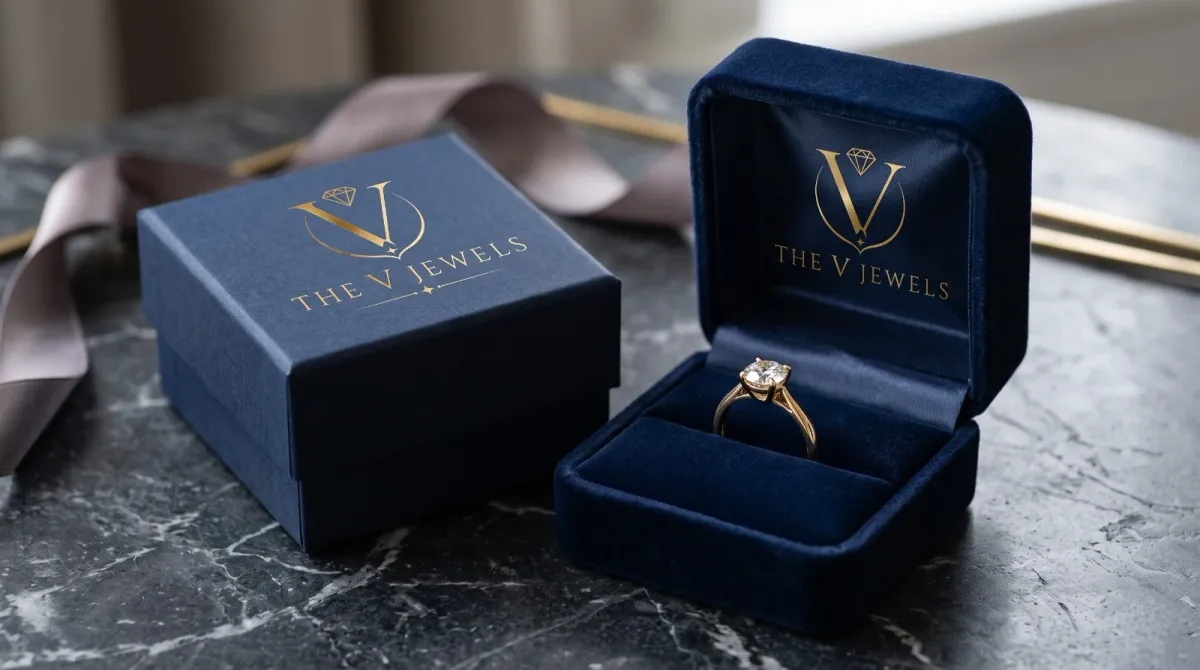 A gold solitaire ring in a navy velvet box beside its gift box