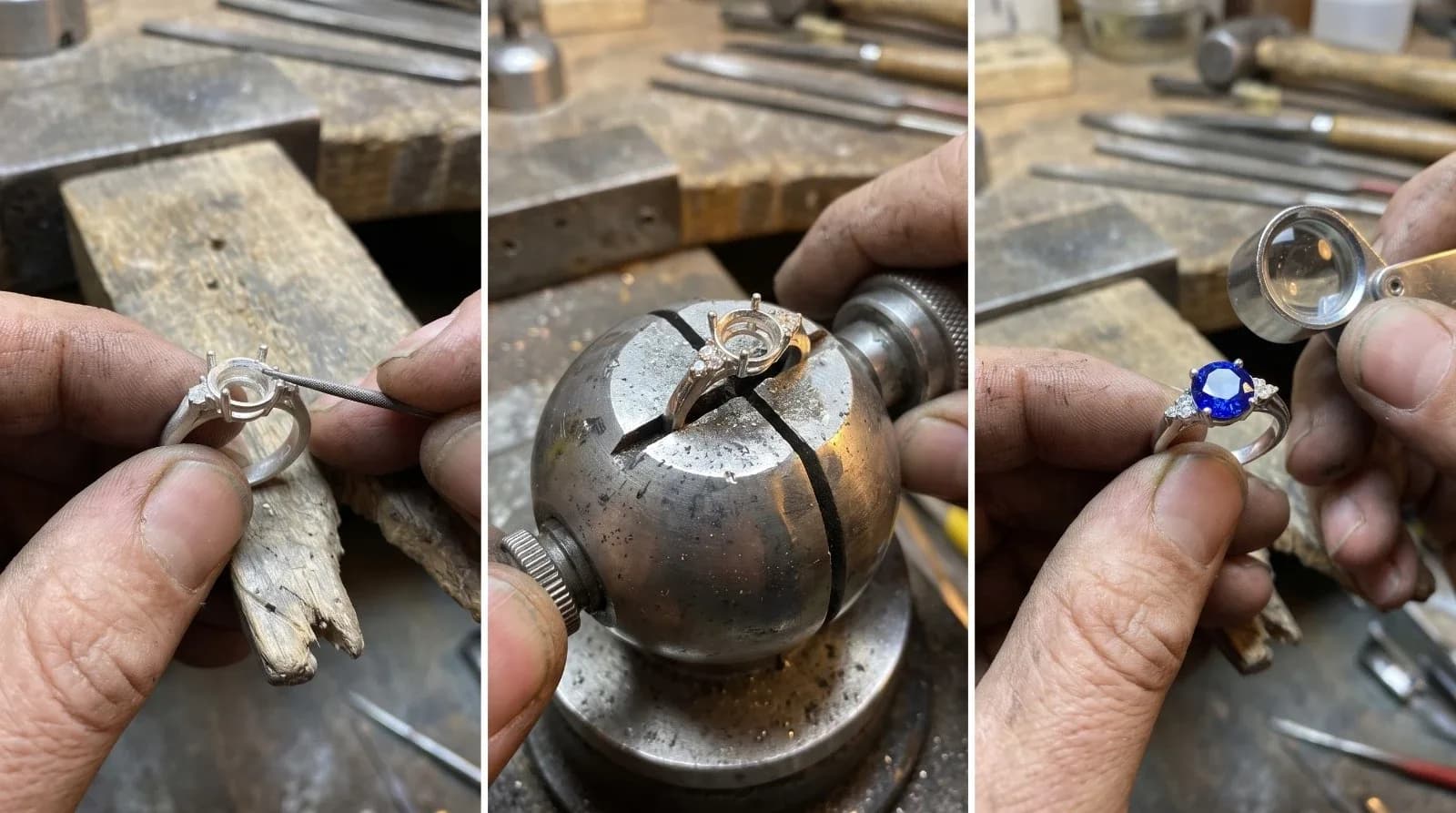 Our jewellers shaping, setting and inspecting a ring in the workshop