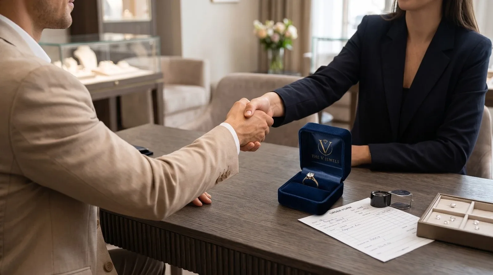 A The V Jewels partner shaking hands over a ring box and order form