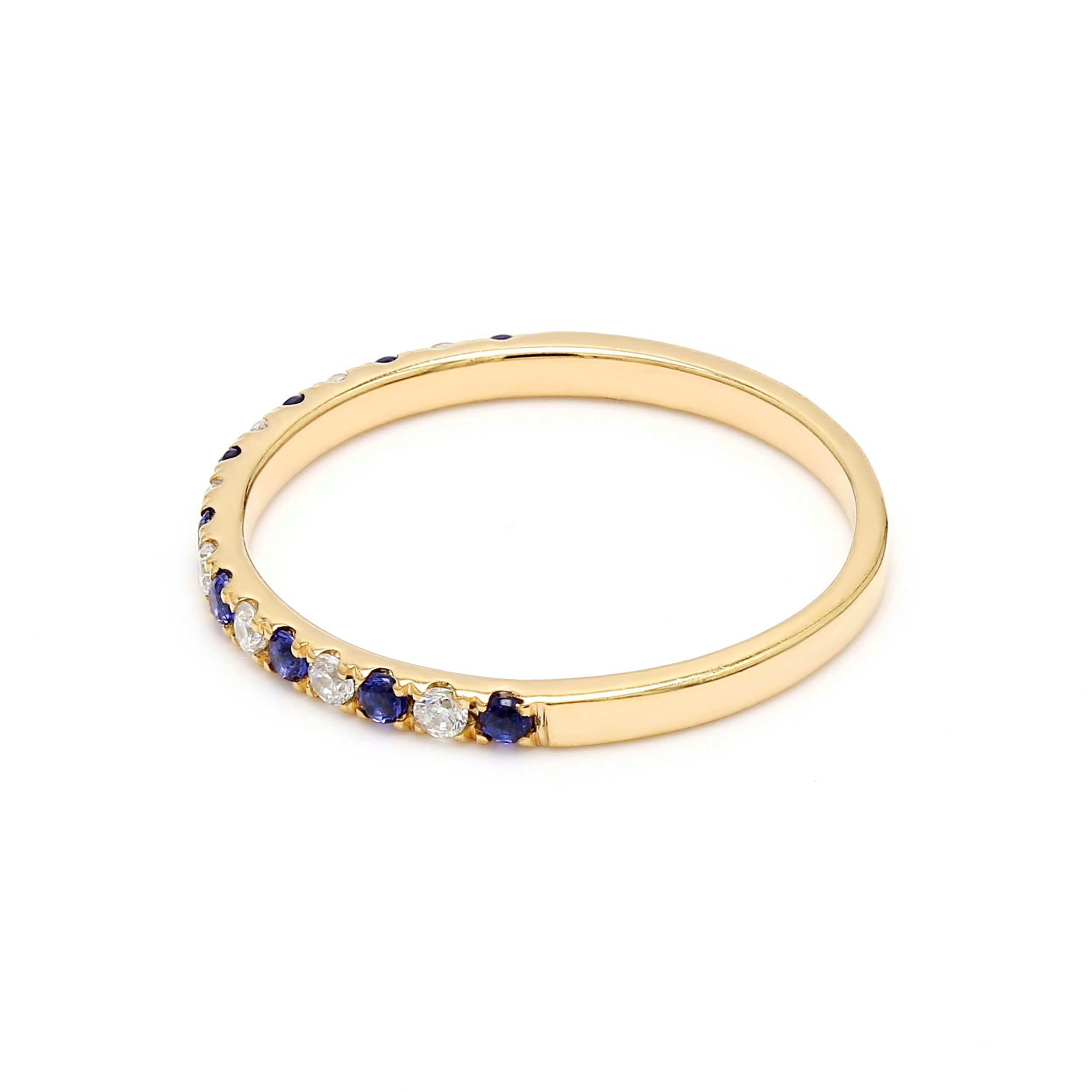 14K Yellow Gold Diamond With Blue Sapphire Stone Stackable Ring