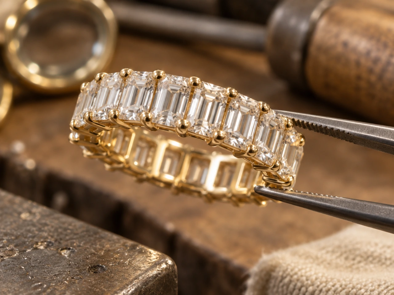 An emerald-cut diamond eternity band in yellow gold held in tweezers