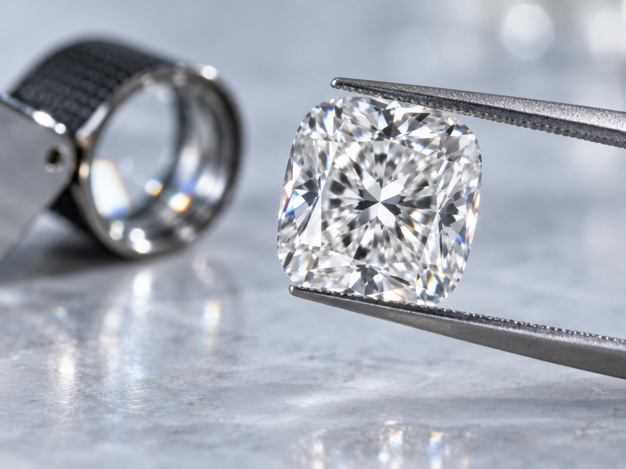 A cushion-cut diamond held in gemologist's tweezers