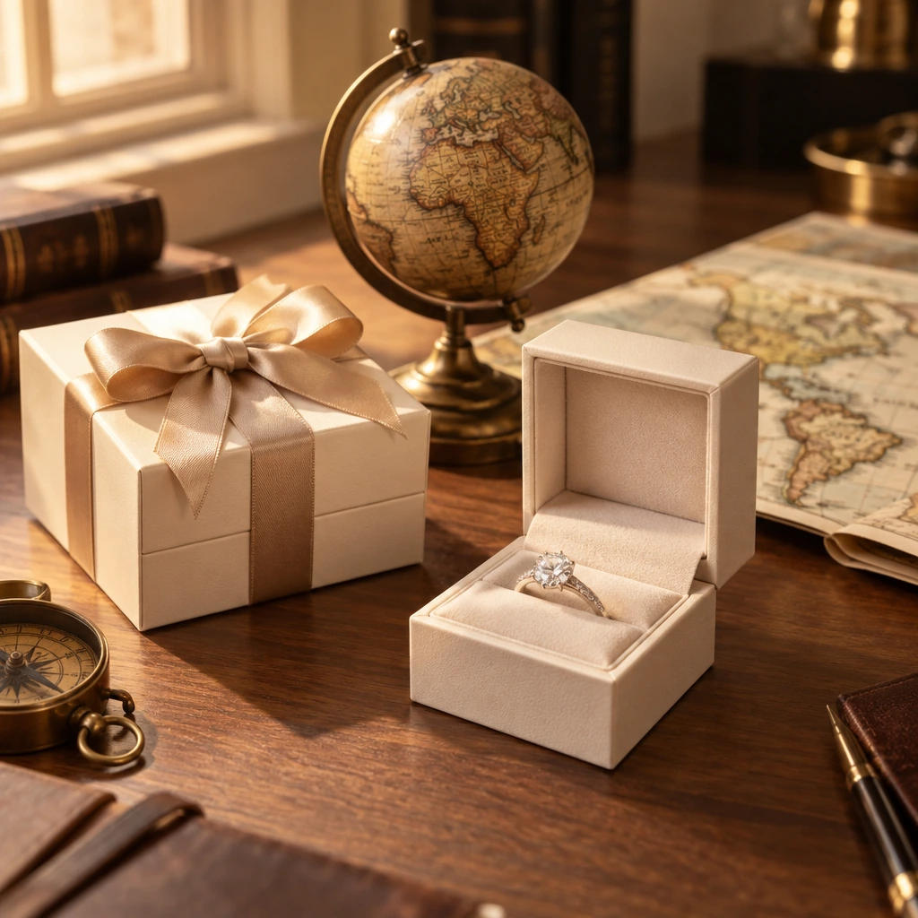 A gift-wrapped jewellery box and a diamond ring beside a brass globe and a world map