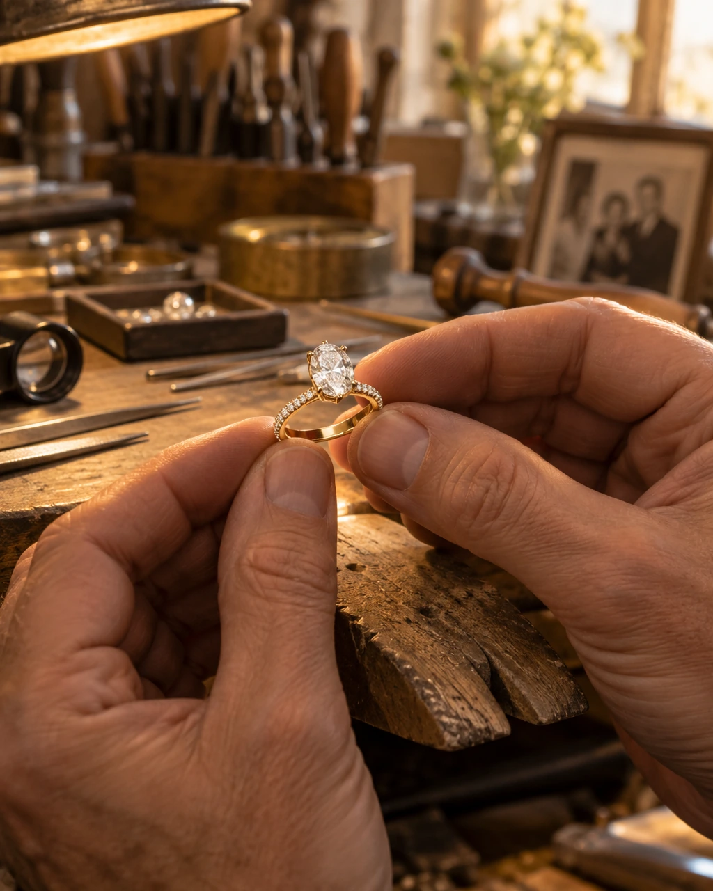 A master jeweller holding a finished oval hidden halo engagement ring in yellow gold at the workbench