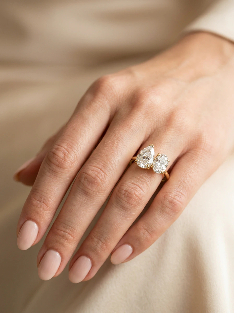 A toi et moi ring with a pear and an oval diamond in yellow gold, worn on the hand