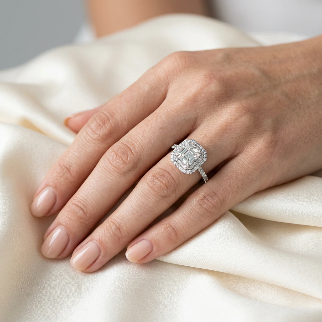 An asscher-cut double halo ring in white gold, worn on the hand