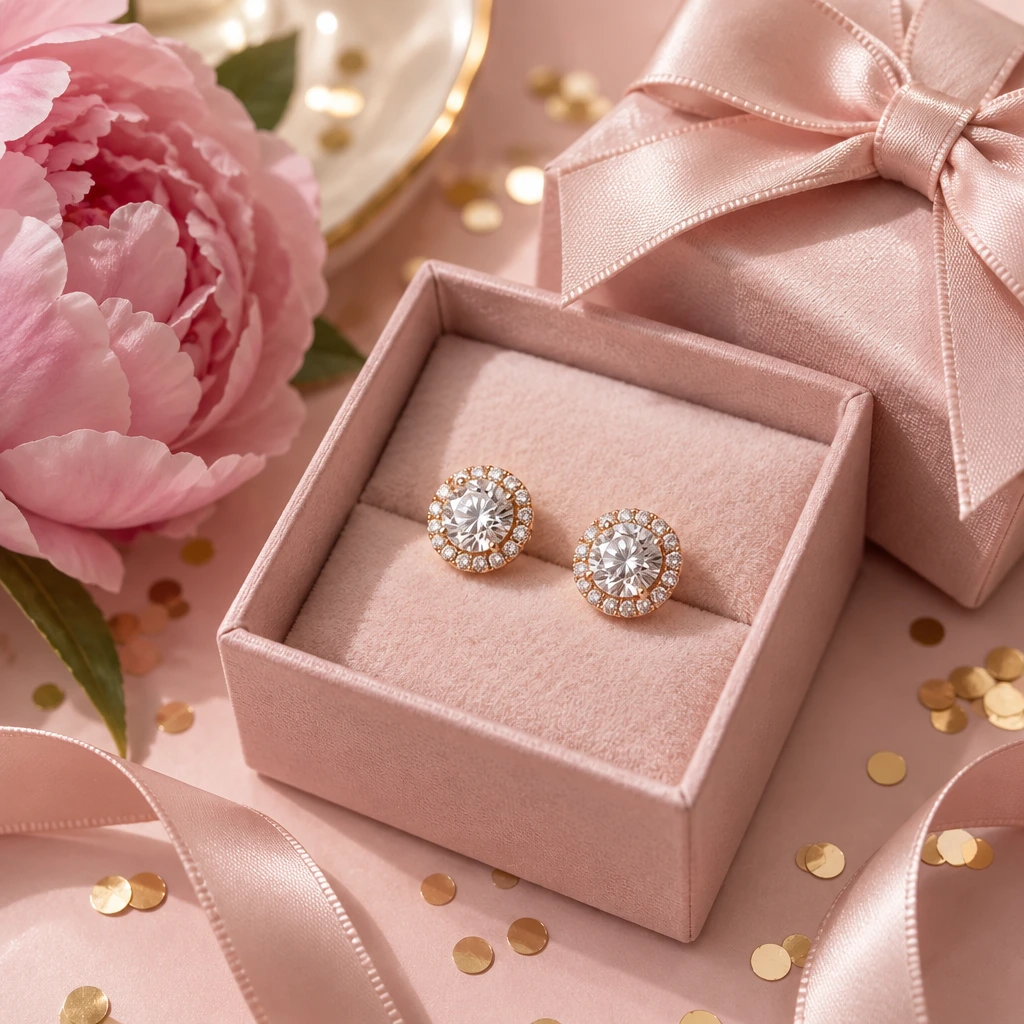 Diamond halo stud earrings in a pink gift box