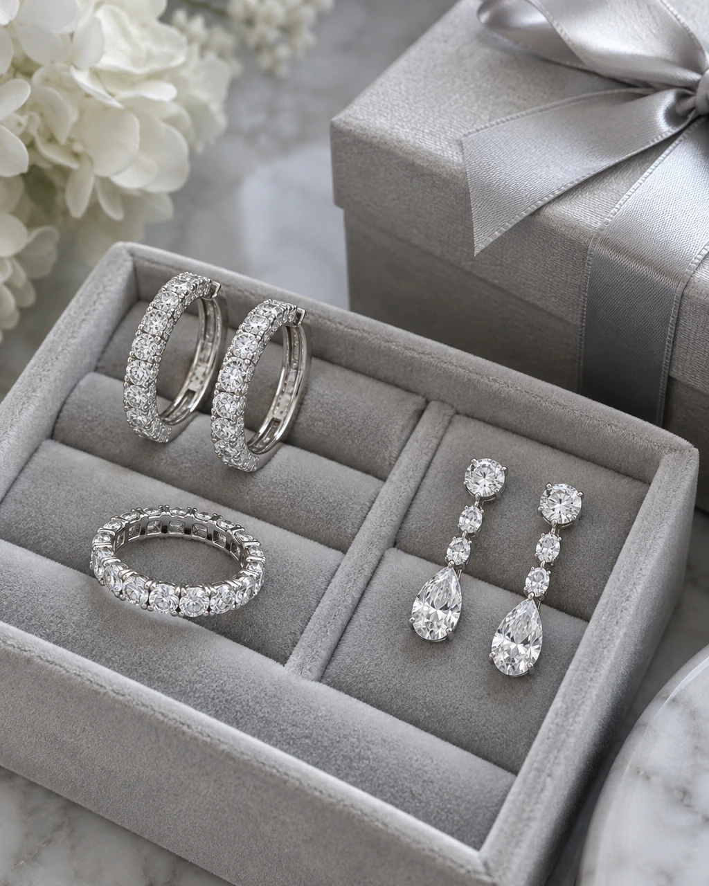 Diamond hoops, an eternity band and diamond drop earrings in white gold on a jewellery tray