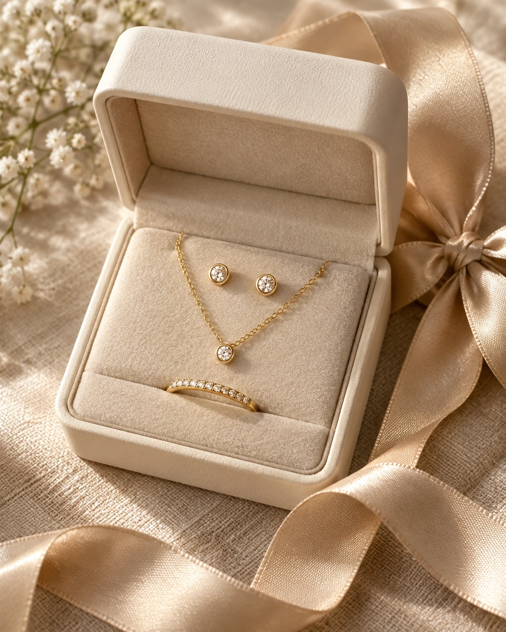 Petite diamond studs, a dainty diamond pendant and a stacking ring in yellow gold in a gift box