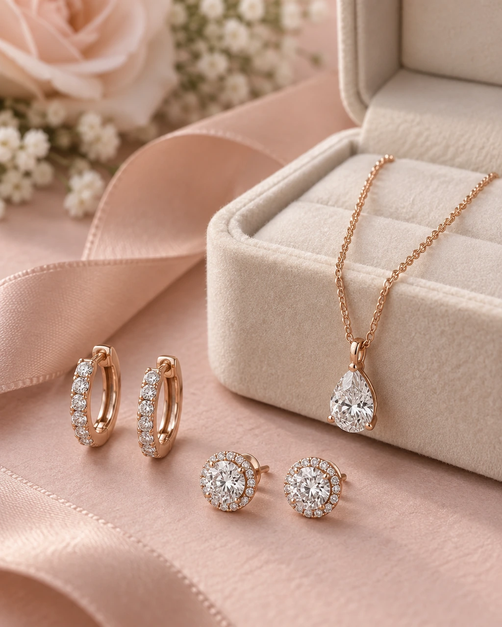 A pear diamond solitaire pendant, diamond huggies and halo studs in rose gold