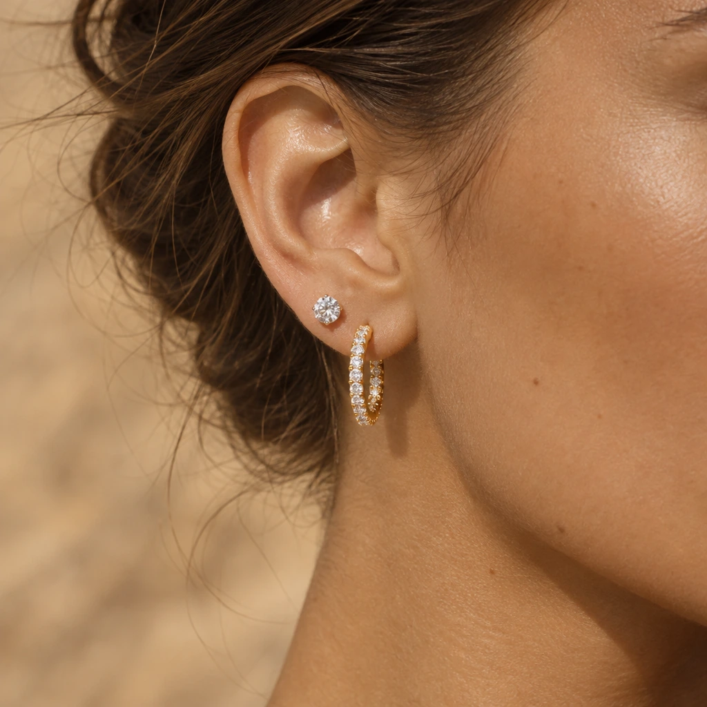 A diamond solitaire stud and a pavé diamond hoop in yellow gold, worn together