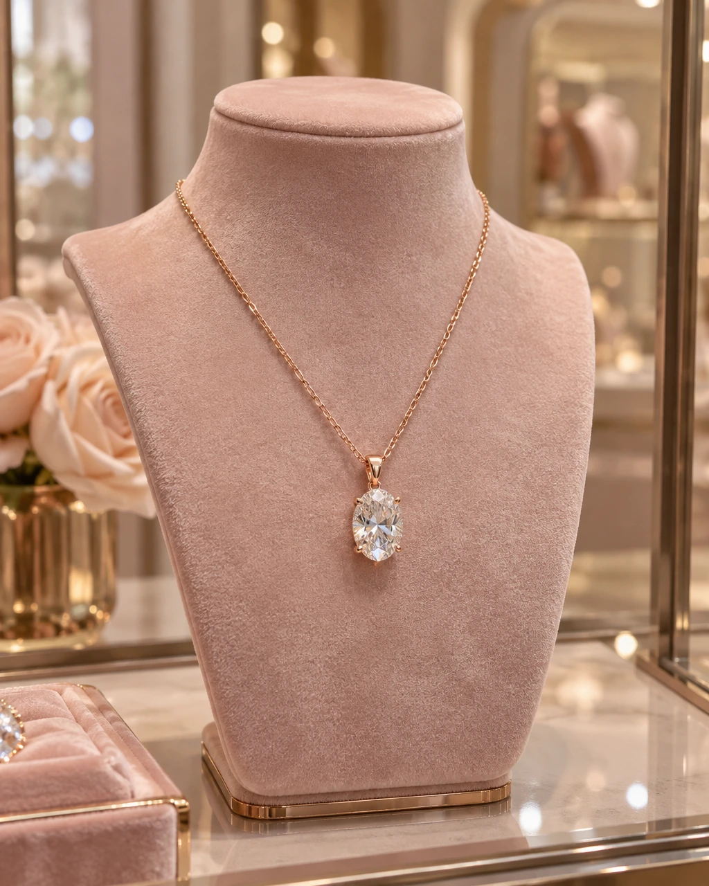 An oval diamond solitaire pendant in rose gold on a velvet display bust